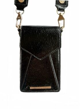 Quay Australia Small Crossbody Bag Logo Strap Patent Leather Black Gold Camo